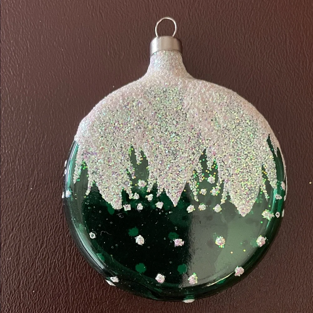 Green and White flat round Christmas Ornament